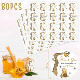 80pcs Cute Thank You for Celebrating with us Stickers Winnie Bear Baby Shower Party Supplies, Classic Pooh Bear 2 inch Thank You Stickers, Vintage Winnie Baby Shower Decorations