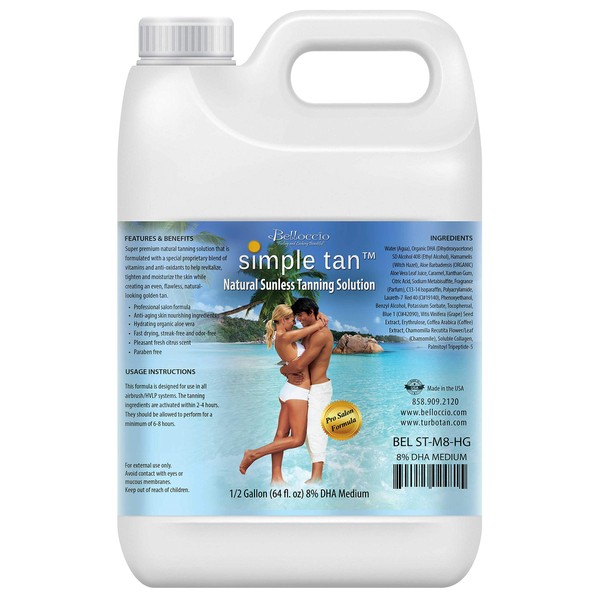 Belloccio Simple Tan Half Gallon Bottle of Professional Salon Sunless Tanning Solution with 8% DHA and Dark Bronzer Color Guide