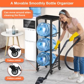 5 Gallon Water Bottle Jug Holder 3-Tier Organizer with Lockable Casters Heavy Duty Storage Rack Dispenser Stand With Wood Top Shelf for Kitchen Office Garage Black