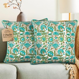 CPC Aqua Green Floral Printed Throw Square Cushion Covers - 24x24 Inch 100% Cotton Washable Decorative Couch Pillows Covers for Living Room Bed Sofa and Outdoors Spring, Easter, Valentines Gift