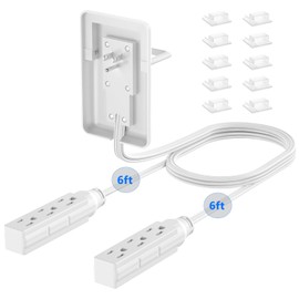6FT Ultra Flat Plug Dual Extension Cord with 6 Outlets, Ultra-Thin Outlet Cover Power Bar, Outlet Concealer Universal Size Flat Plug Power Strip, Child & Pet Safe, 1625W, White