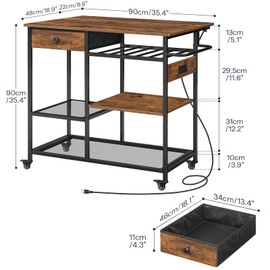 HOOBRO Kitchen Island with Power Outlet, Rolling Kitchen Cart with Drop Leaf, Island Table with Extendable Worktop and Adjustable Shelf, Coffee Station and Microwave Stand Rustic Brown BF22UZD01
