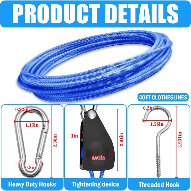 VIVBOO 40ft Clothes Line Outdoors 3/16" Wire Ropes Blue PVC