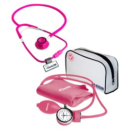 Checkatek Kit Baumanómetro Aneroide con Estetoscopio Doble Económico, Manómetro de Carátula Amplia, Estetoscopio de Alta Frecuencia, Brazal Nylon Reforzado, Rosa