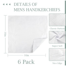 6 Pcs Men's Handkerchiefs, 100% Soft Cotton White Handkerchiefs for Men, Classic Reusable Pocket Hankies