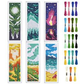 INFUNLY 6pcs Scenery Cross Stitch Bookmark Kit DIY Beach Stamped Embroidery Bookmark Kits 8x2.4 Mountain Needlepoint Bookmark Kit with Instruction Aurora Easy Cross Stitch Kits for Adults Beginners