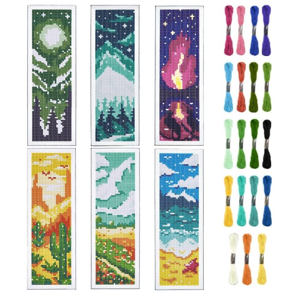 INFUNLY 6pcs Scenery Cross Stitch Bookmark Kit DIY Beach Stamped
