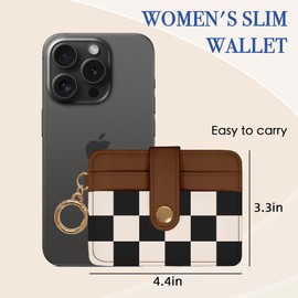 WRIGAEL Slim Wallet for Women Ladies Teen Girls Female Credit Card Holder Cute Aesthetic Unique Modern RFID Checkered Cardholder Keychain, Brown Black White