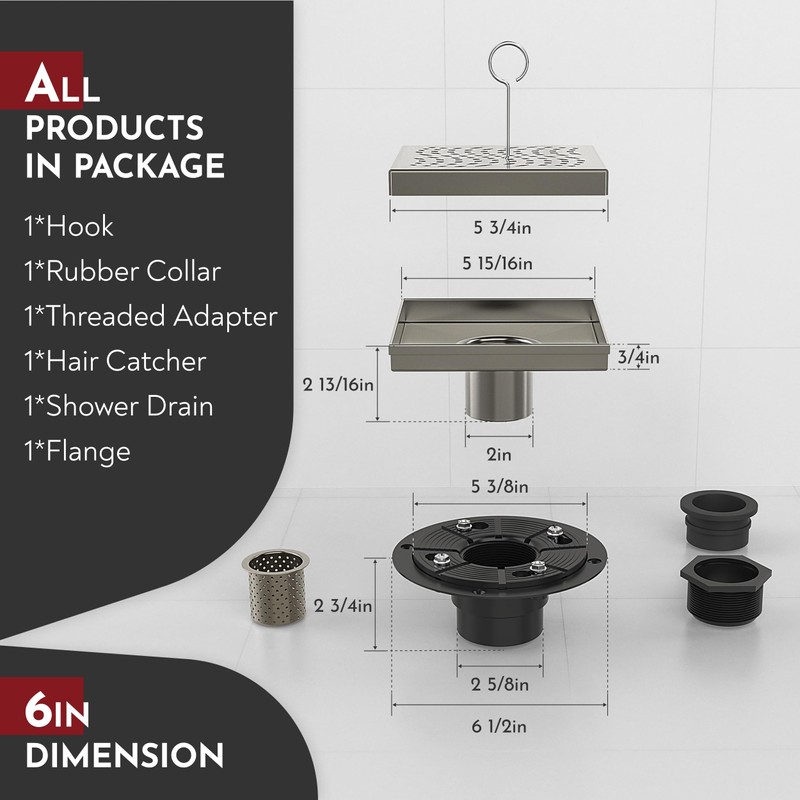 WEBANG 6 Inch Square Shower Drain Nickel Floor Drain with