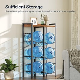 HOOBRO 5 Gallon Water Jug Holder 6 Bottles, Water Jug Rack, 3 Tier Water Bottle Holder with X-Shape Reinforcement, for Kitchen, Living Room, Office, Rustic Brown and Black BF03ST01