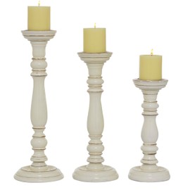 Deco 79 Mango Wood Decorative Candle Holder Candle Stand, Set of 3 Candlestick Holder 18", 15", 12"H, White