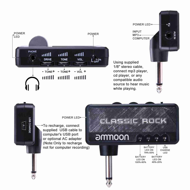 Electric Guitar Headphone Amplifier Amp 3.5mm Headphone Jack Aux In
