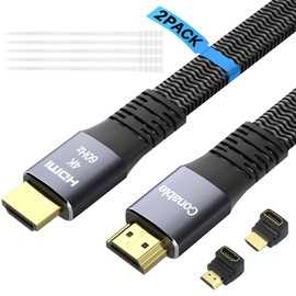 Cable HDMI plano (2 unidades, 4 pies + 4 pies), cable trenzado de alta velocidad HDMI 4K, cobre puro, soporta 4 K a 60 Hz, 2160 p 1080p HDR HDCP 2.2 ARC Full 3D (con 25 bridas y 2 adaptadores HDMI) –
