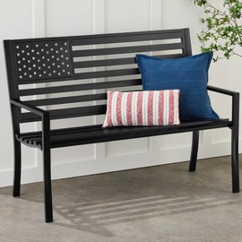 Best Choice Products Outdoor Bench 2-Person Steel Indoor/Outdoor Bench for Garden, Patio, Porch, Entryway w/American Flag, 790lb Capacity – Black
