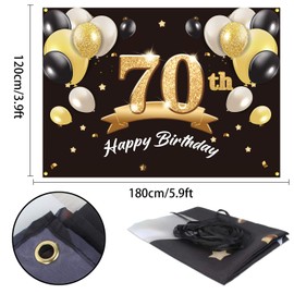 PAKBOOM Happy 70th Birthday Banner Backdrop - 70 Birthday Party Decorations Supplies for Men - Black Gold 4 x 6ft