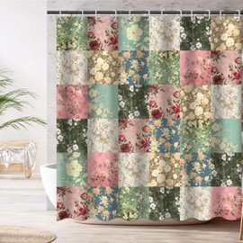 Mocsicka Boho Shower Curtain Pink Floral Patchwork Shower Curtain with 12 Hooks Mid-Century Flowers Vintage Retro Shower Curtain for Boho Bath Decor, Waterproof Fabric 72 X 72 Inch