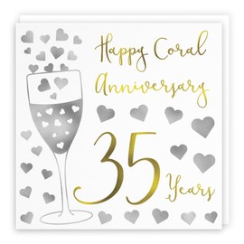 Hunts England - 35th Wedding Anniversary Card - Happy Coral Anniversary - 35 Years - Silver Hearts Collection - For Couples, Friends, Him, Her