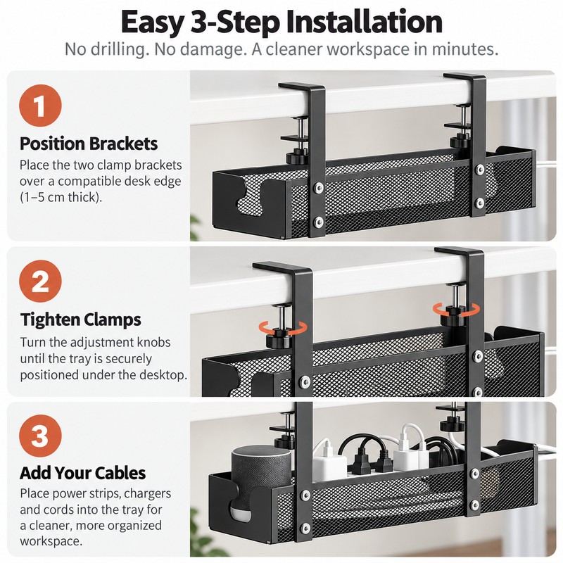 Under Desk Cable Management Tray – No-Drill Clamp-On Carbon Steel
