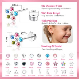 JeweBella 27Pairs Small Silver Earrings for Women Girls Kids Flat Back Earrings Hypoallergenic Surgical Steel Earrings Flower Butterfly CZ Pearl Screw Back Earrings Cartilage Sleeper Stud Earrings Set