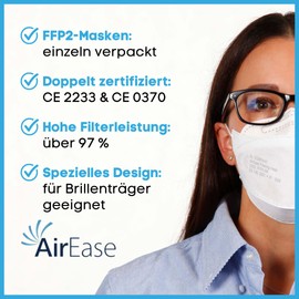 Air Ease FFP2 Masks Pack of 20 Fish Shape, White, Individually Packed, Breathable Mouth Guard and Respirator Mask, without Valve