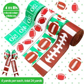 4 Rolls Football Wired Ribbon 2.5 Inch x 24 Yards Green and Brown Football Themed Craft Ribbon Football Wire Edged Ribbon for DIY Wreaths Wrapping for Football Party Decoration