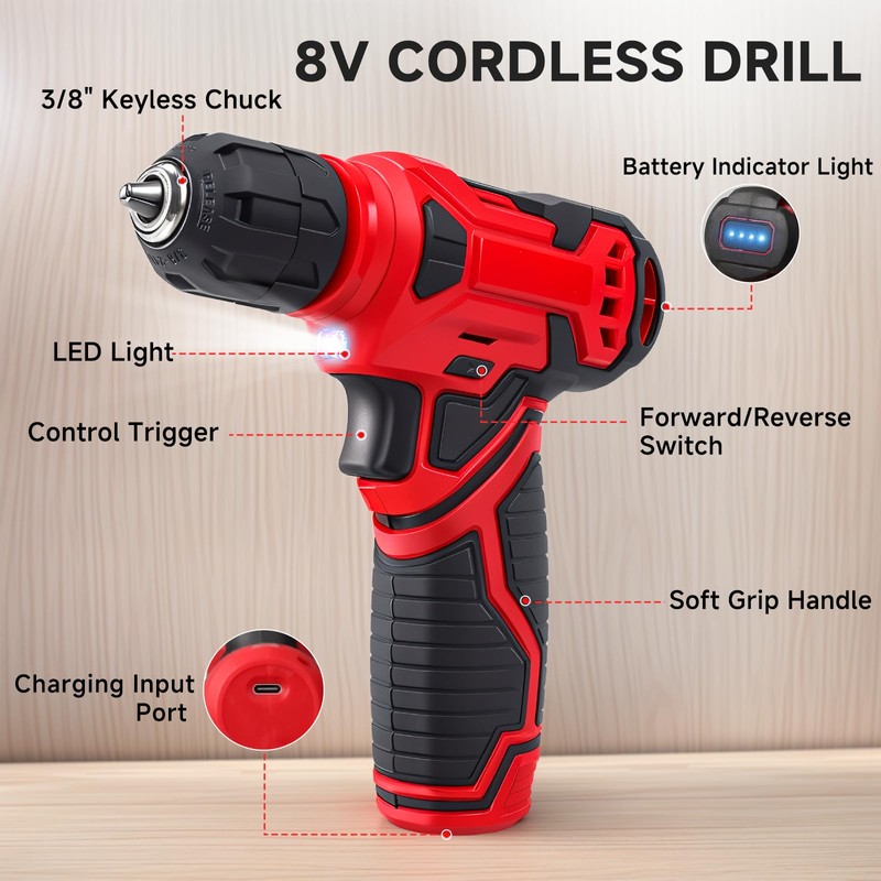 Tool Set - 8V Cordless Drill Set, 132 Piece Home