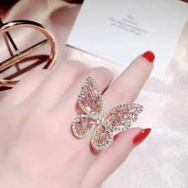 GELVTIC Rhinestone Butterfly Rings for Women Adjustable Gold Cocktail Ring Cubic Zircon Sparkly Crystal Statement Silver Bow Open Wrap Bow Jewelry Bridesmaids Wedding Valentine’s Day Gift Lover Mother