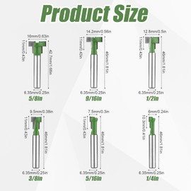 6pcs Keyhole Router Bits Set, 1/4in Shank T Slot Cutter Set Router Bits Woodworking T Track Slot Cutter for 1/4 & 5/16 & 3/8 & 9/16 & 1/2 & 5/8 inch Blade Diameter