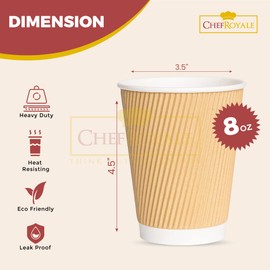 CHEF ROYALE 300x 8oz Disposable Kraft Ripple Paper Hot Coffee Cups with Lids - Paper Cups for Hot and Cold Drinks - Insulated Takeaway Coffee Cups for Eco-Friendly Hot Cups Birthday Party (300, 8oz)