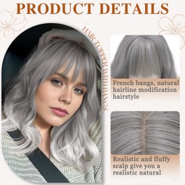 Hair Topper with Bangs 16 Inch Silver Cool Tone Wavy Hairpiece 6.5x6.5 Base