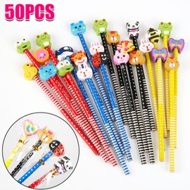 Annhao HB Pencil Set, 50 Pieces, with Eraser of Animals, Sun, Butterfly, etc. for Birthday Party Bags, Children's Party Favours, 18.5 cm (7.28 Inches, Random Patterns and Colours)
