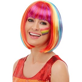 Smiffys Rainbow Bob Wig, Multi-Coloured, Rainbow/Gay Pride Items Fancy Dress, Adult Dress Up Wigs