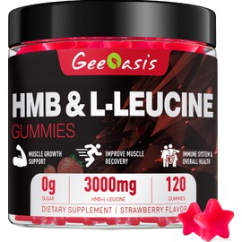 HMB and L-Leucine Gummies, Chewable HMB Amino Acid and Leucine Supplement for Men & Women, Muscle Health & Growth, Immune Support & Overall Health, Vegan Strawberry Flavor, 120 Count