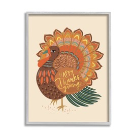 Stupell Industries Happy Thanksgiving Festive Orange Wild Turkey Patterned, Designed by Caroline Alfreds Gray Framed Wall Art, 11 x 14, Beige