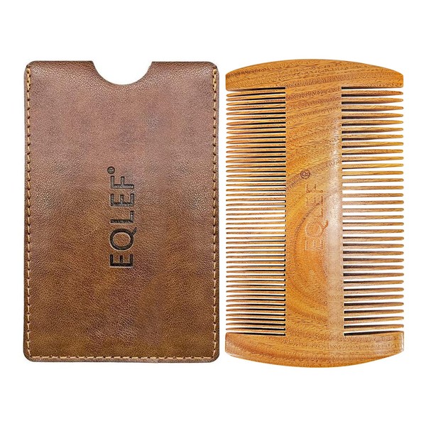 EQLEF Wooden Beard Comb, Natural Green Sandalwood Beard Comb, Non-Static Beard Hair Comb, Double-Sided Beard Comb for Men with Faux Leather Bag