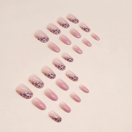 IMSOHOT Oval Press on Nails Short Fake Nails Pink Gradient French Tips False Nails Round Glossy Full Cover Glue on Nails Acrylic Gel Nails with Leopard Print Designs