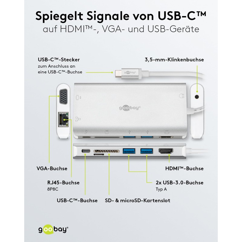 Goobay 49850 USB C Hub Multiport Splitter 9 Ports HDMI/VGA/USB