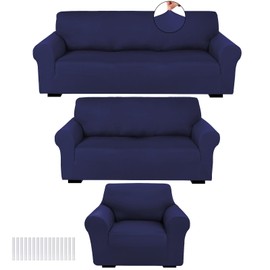 Peryiter 3 Pcs Slipcover Set for Couch Furniture Covers for Sofa Loveseat Couch Arm Chair, Form Fit Stretch, Wrinkle Free, Furniture Protector(Navy Blue,Milk Silk Spandex)