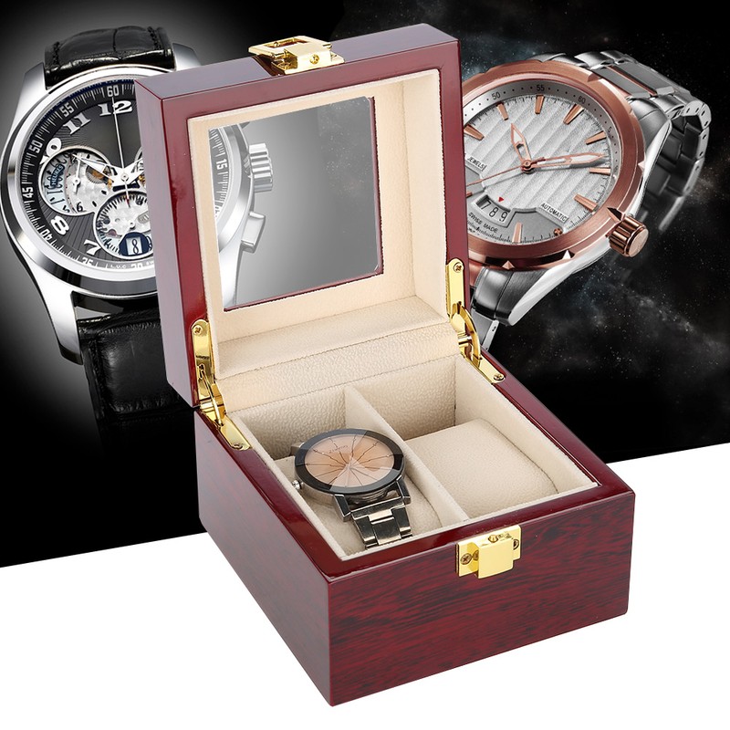 2 Grids Wooden Watch Holder Wristwatch Display Case Jewelry Gift