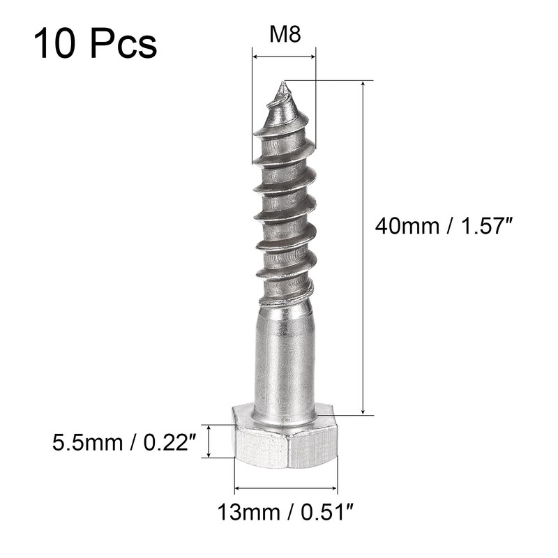 sourcing map Hex Lag Screws, M8 x 40mm 304 Stainless
