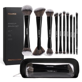 MAANGE Set de Brochas de Maquillaje, 10PCS Brochas para Maquillaje de Doble Punta para Pulir Líquidos, Cremas, Polvos, Difuminar y Contornear con Neceser y Caja(Negro)