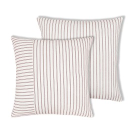 PurpleEssences Double Pin Striped Patchwork Farmhouse Pillow Covers Set of 2, 18x18 Inch Cotton Decorative Cushion Covers for Sofa, Couch, Chair & Bedroom Décor - Brown and H.White