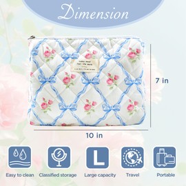 Sminra Makeup Bag Large Travel Quilted Cosmetic Makeup Bag Organizer, Floral Cotton Coquette Aesthetic Toiletry Bag for Women Girls (Blue Bow Flowers)
