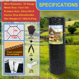 Wirewonders Black 19GA Chicken Wire 24inx150ft, Chicken Wire Fencing, Garden Fence, Metal Poultry Wire Netting, Galvanized PVC Coated Mesh for Animal/Rabbit/Floral/Chicken Coop/DIY Projects.
