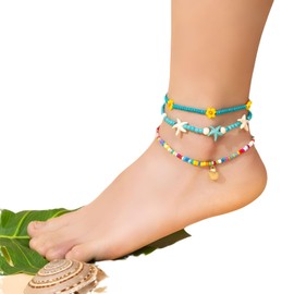 Dtexhif 3 Pcs Boho Beaded Anklets Set for Women Colorful Stackable Puka Shell Anklet Sets Boho Starfish Shell Anklet Elastic Summer Beach Charm Ankle Bracelets for Women (Shell)