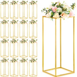 Tandefio 16 Pcs Gold Wedding Flower Stand 23.6'' Metal Flower Stand Tall Centerpiece Vases Gold Centerpiece Stand Column Rectangular Geometric Flower Rack for Table Floor Wedding Party Decoration Home