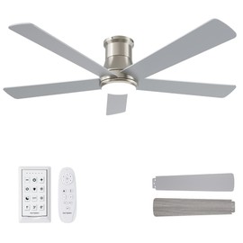 Autoday 52 Inch Low Profile Ceiling Fan with Light, Burshed Nickel Ceiling Fans with Lights and Remote, Flush Mount, 6 Speeds Quiet DC, 3CCT Dimmable, Indoor Outdoor Ceiling Fans for Patios Bedroom