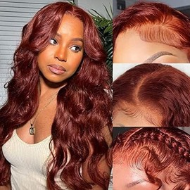 Bling Hair 30 Inch Reddish Brown 180 Density Body Wave HD Lace Frontal Wigs Human Hair 13X6 Lace Front Wigs Human Hair 33# Body Wave Human Hair Wig Pre Plucked for Women Human Hair Wig - Wigs Type: 13×4 Body Wig, Size: 20"
