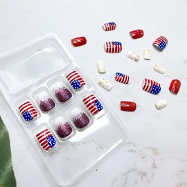 24pcs 4th of July Press on Nails Short Square Independence Day Fake Nails with American Flag Designs Glitter Glue on Nails Fourth of July False Nails Patriotic Full Cover Stick on Nails for Women