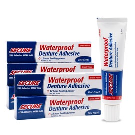 Secure Denture Adhesive Cream for Uppers, Lowers & Partials – Waterproof Seal & Zinc Free – Food Grade Ingredients - Less Adhesive, More Hold - Tube Lasts Up to 8 Weeks - 1.4 oz (5 Pack)